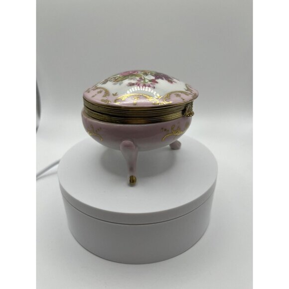 Porcelain Hand Painted Trinket Box Hinged Lid 4 Pedestal Legs Pink Floral VTG - Picture 8 of 16